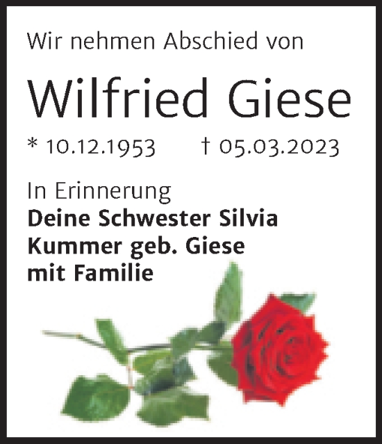 Traueranzeige von Wilfried Giese von Trauerkombi Wittenberg