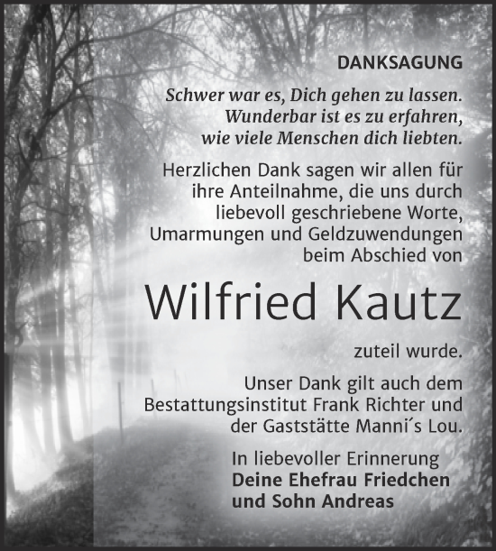 Traueranzeige von Wilfried Kautz von Trauerkombi Sangerhausen