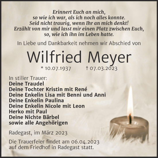 Traueranzeige von Wilfried Meyer von Trauerkombi Köthen