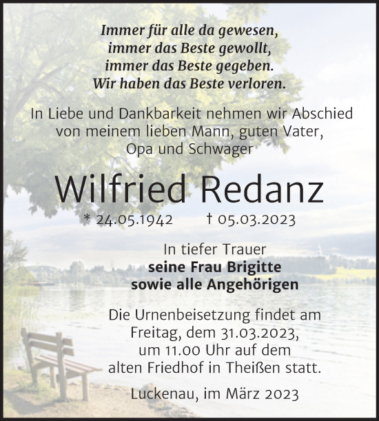 Traueranzeige von Wilfried Redanz von Trauerkombi Zeitz
