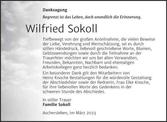 Traueranzeige von Wilfried Sokoll von Trauerkombi Aschersleben