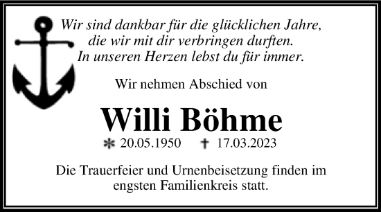 Traueranzeige von Willi Böhme von Trauerkombi Dessau
