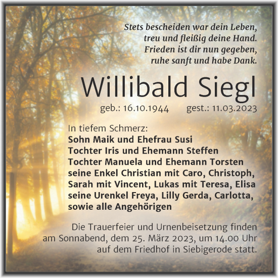 Traueranzeige von Willibald Siegl von Trauerkombi Mansfelder Land