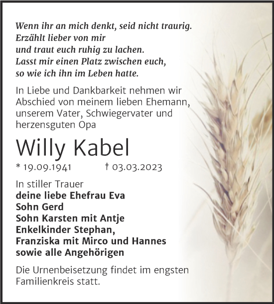 Traueranzeige von Willy Kabel von Trauerkombi Sangerhausen