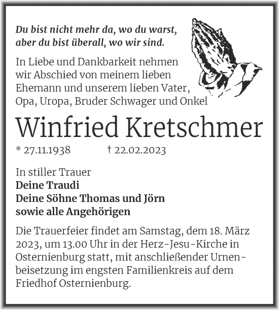 Traueranzeige von Winfried Kretschmer von Trauerkombi Köthen