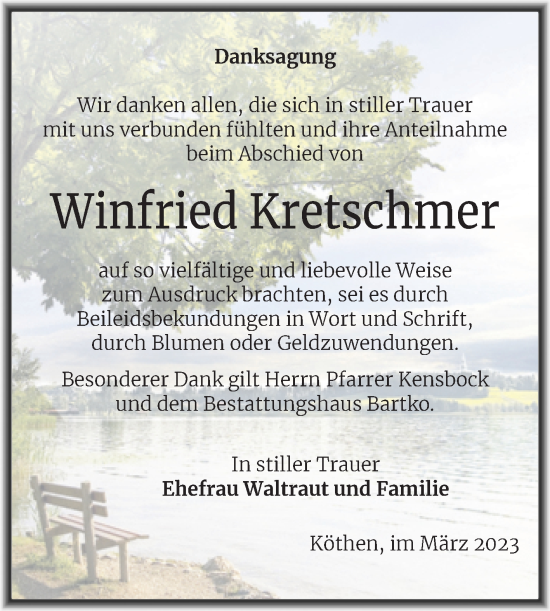 Traueranzeige von Winfried Kretschmer von Trauerkombi Köthen