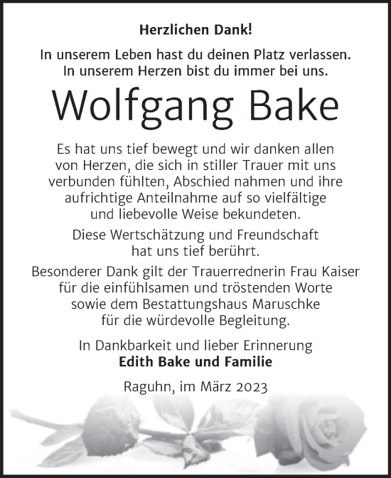 Traueranzeige von Wolfgang Bake von Trauerkombi Bitterfeld
