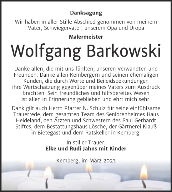Traueranzeige von Wolfgang Barkowski von Trauerkombi Wittenberg