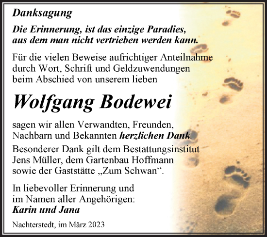 Traueranzeige von Wolfgang Bodewei von Trauerkombi Aschersleben