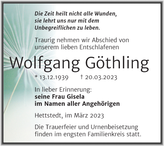 Traueranzeige von Wolfgang Göthling von Trauerkombi Mansfelder Land