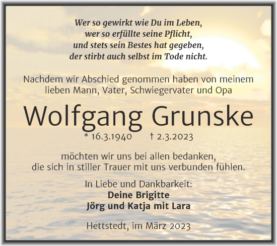 Traueranzeige von Wolfgang Grunske von Trauerkombi Mansfelder Land
