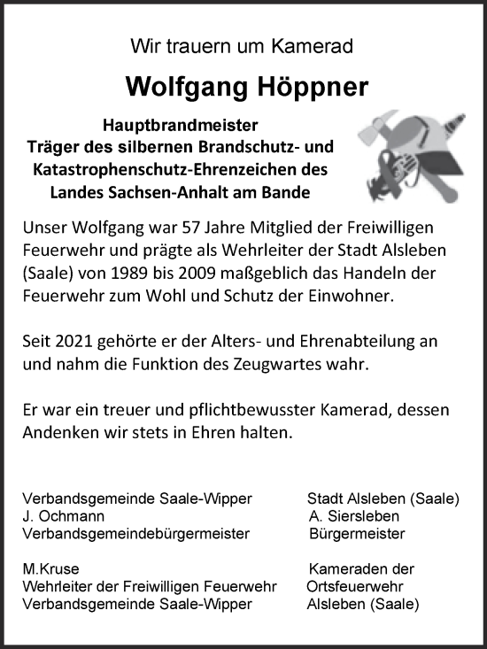 Traueranzeige von Wolfgang Höppner von Mitteldeutsche Zeitung Bernburg