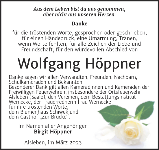 Traueranzeige von Wolfgang Höppner von Trauerkombi Bernburg