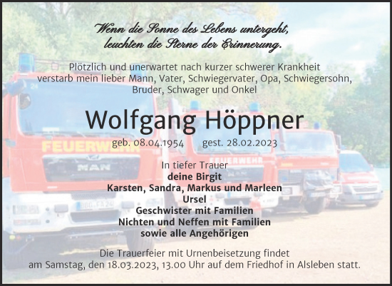 Traueranzeige von Wolfgang Höppner von Trauerkombi Bernburg