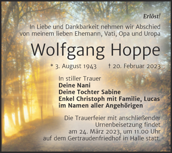 Traueranzeige von Wolfgang Hoppe von Mitteldeutsche Zeitung Halle/Saalkreis