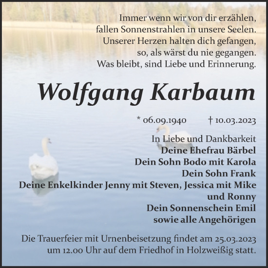 Traueranzeige von Wolfgang Karbaum von Trauerkombi Bitterfeld