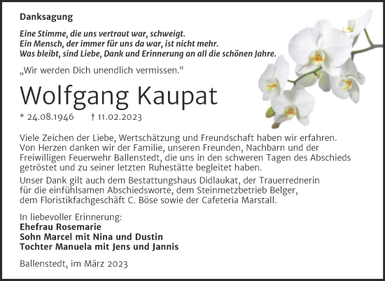 Traueranzeige von Wolfgang Kaupat von Super Sonntag Quedlingburg