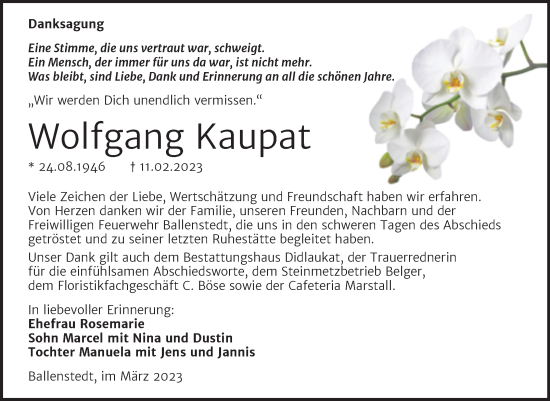 Traueranzeige von Wolfgang Kaupat von Trauerkombi Quedlinburg