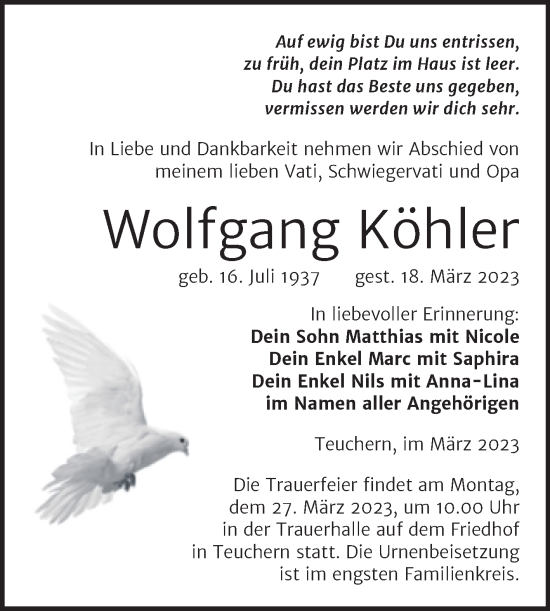 Traueranzeige von Wolfgang Köhler von Trauerkombi Weißenfels