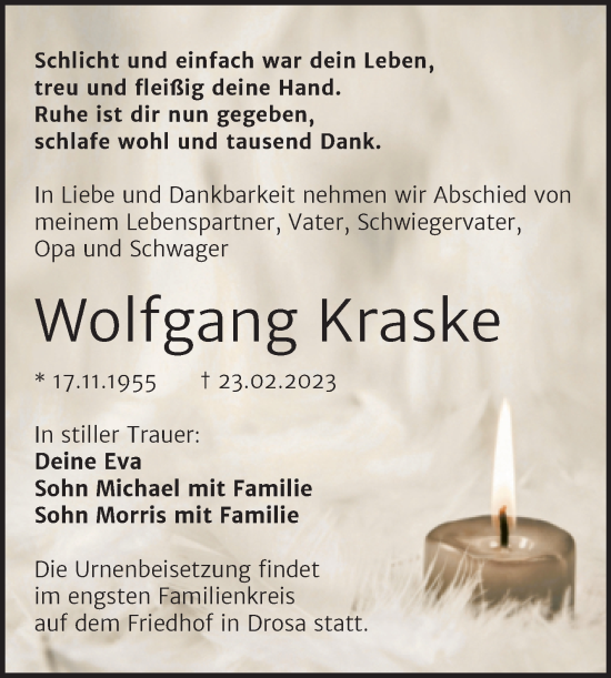 Traueranzeige von Wolfgang Kraske von Trauerkombi Köthen