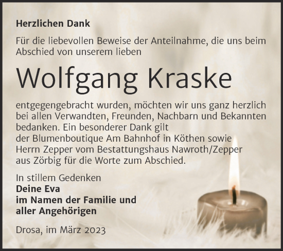 Traueranzeige von Wolfgang Kraske von Trauerkombi Köthen
