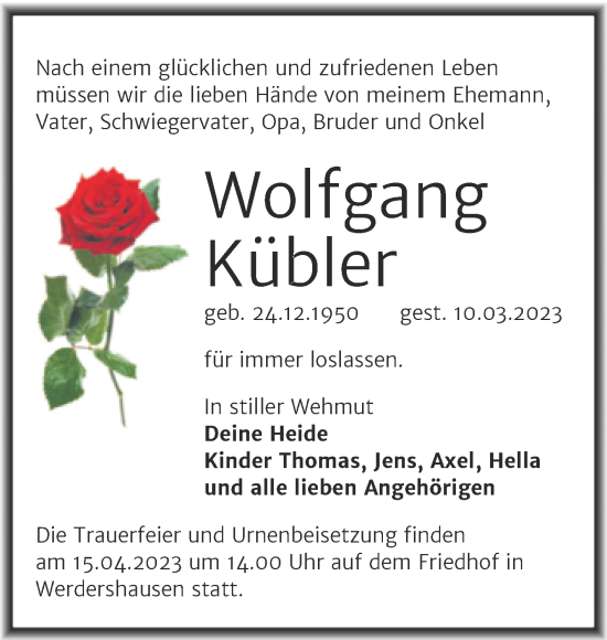 Traueranzeige von Wolfgang Kübler von Mitteldeutsche Zeitung Köthen