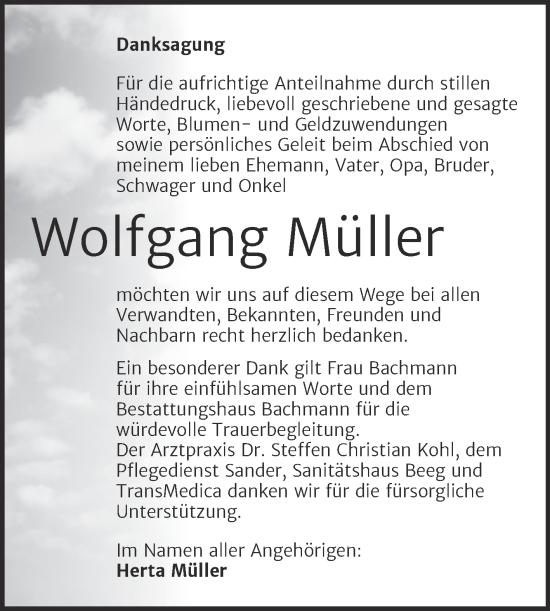 Traueranzeige von Wolfgang Müller von Trauerkombi Dessau