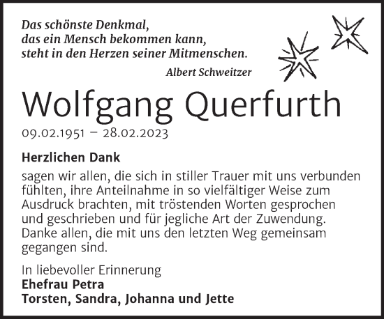 Traueranzeige von Wolfgang Querfurth von Trauerkombi Bernburg
