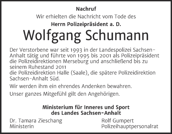 Traueranzeige von Wolfgang Schumann von Mitteldeutsche Zeitung Halle/Saalkreis