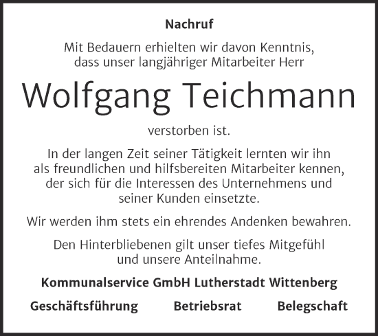 Traueranzeige von Wolfgang Teichmann von Super Sonntag Wittenberg