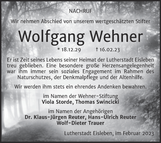 Traueranzeige von Wolfgang Wehner von Super Sonntag Mansfelder Land