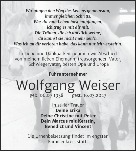 Traueranzeige von Wolfgang Weiser von Trauerkombi Wittenberg