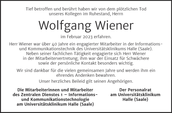 Traueranzeige von Wolfgang Wiener von Mitteldeutsche Zeitung Halle/Saalkreis
