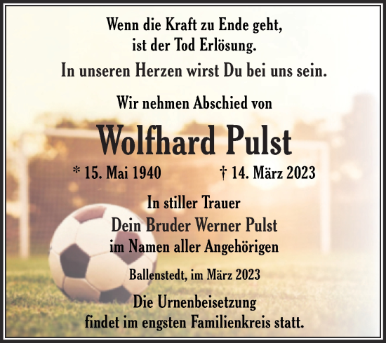 Traueranzeige von Wolfhard Pulst von Trauerkombi Quedlinburg