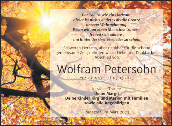Traueranzeige von Wolfram Petersohn von Trauerkombi Köthen