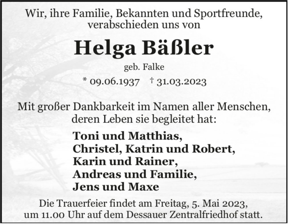 Traueranzeigen von Helga Bäßler | www.abschied-nehmen.de