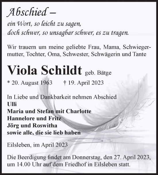 Traueranzeige von Viola Schildt von Volksstimme Oschersleben/Wanzleben