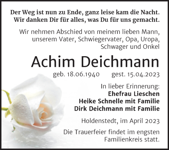 Traueranzeige von Achim Deichmann von Trauerkombi Sangerhausen