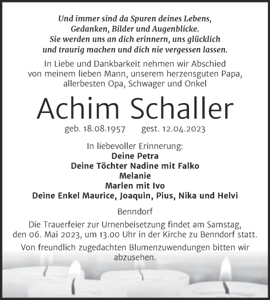 Traueranzeige von Achim Schaller von Wochenspiegel Naumburg/Nebra