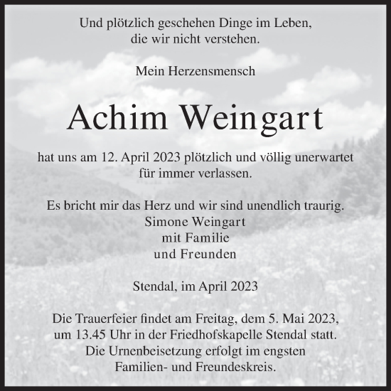 Traueranzeige von Achim Weingart von Volksstimme Altmark Ost