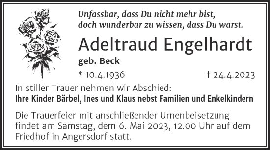 Traueranzeige von Adeltraud Engelhardt von Mitteldeutsche Zeitung Halle/Saalkreis