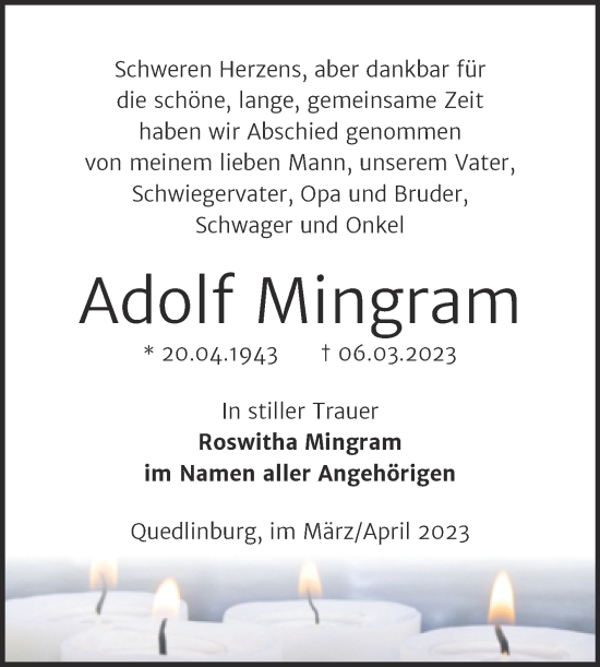 Traueranzeige von Adolf Mingram von Trauerkombi Quedlinburg