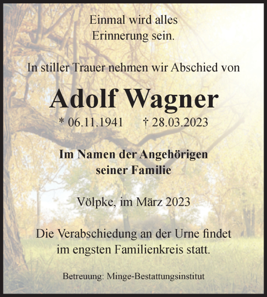 Traueranzeige von Adolf Wagner von Volksstimme Oschersleben/Wanzleben