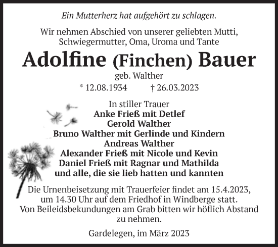 Traueranzeige von Adolfine Bauer von Volksstimme Altmark West