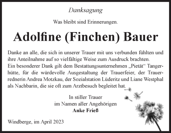 Traueranzeige von Adolfine Bauer von Volksstimme Altmark Ost