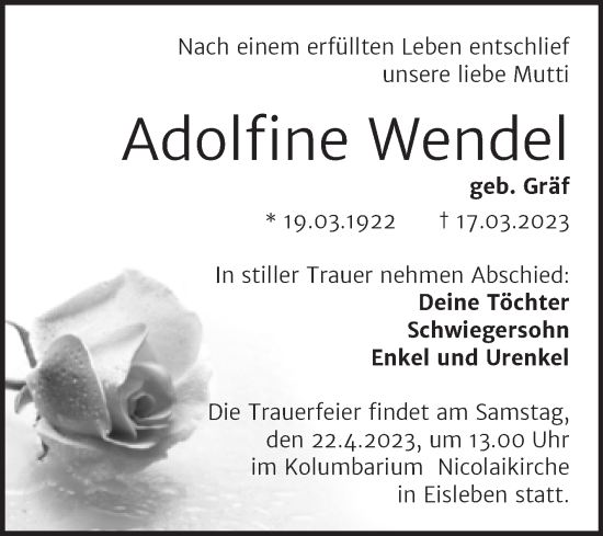 Traueranzeige von Adolfine Wendel von Mitteldeutsche Zeitung Mansfelder Land