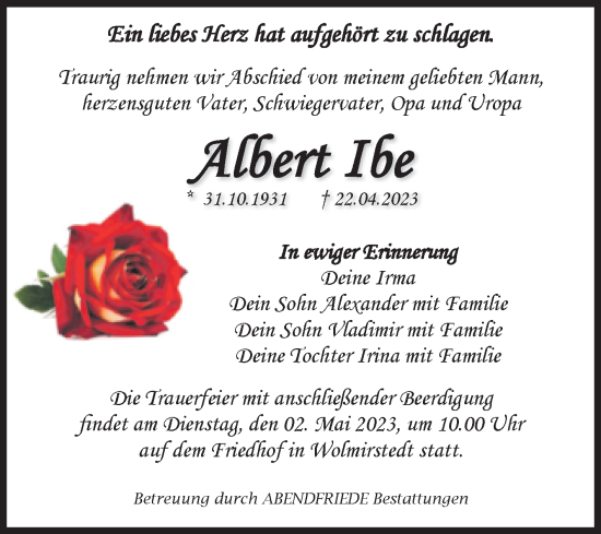 Traueranzeige von Albert Ibe von Volksstimme Haldensleben/Wolmirstedt
