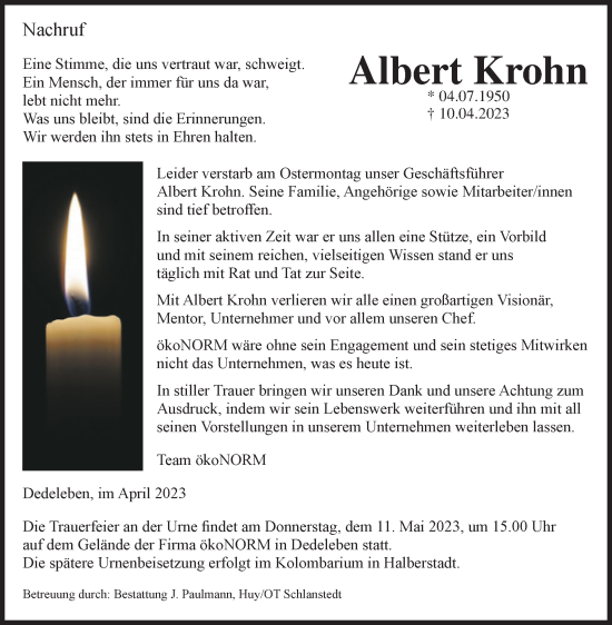 Traueranzeige von Albert Krohn von Volksstimme Halberstadt