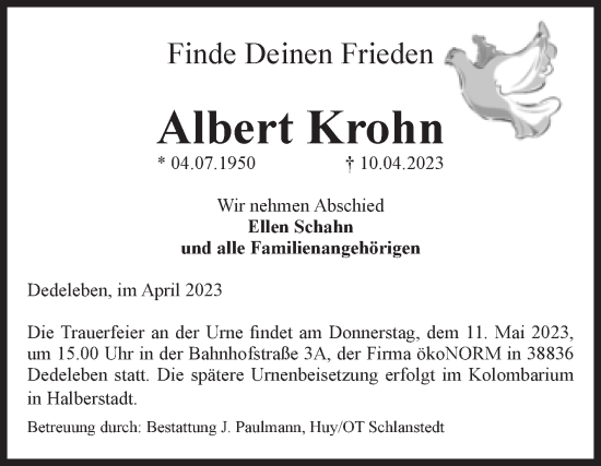 Traueranzeige von Albert Krohn von Volksstimme Halberstadt