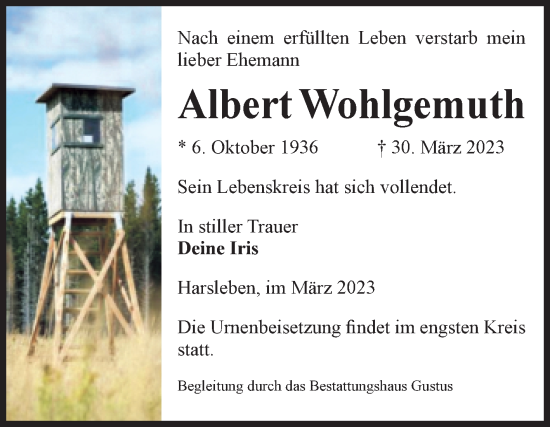 Traueranzeige von Albert Wohlgemuth von Volksstimme Halberstadt